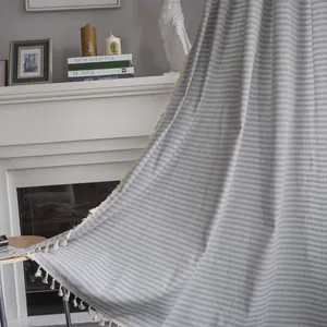 Nordic Minimalist Cotton Linen Striped Curtains With Tassels Rod Pocket Hook Grommet Top Semi Blackout Drapes For Bedroom