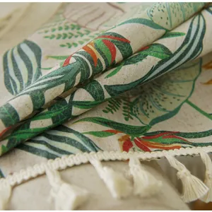 Tropical leaf print curtain in cotton-linen fabric with cream tassels for home decor