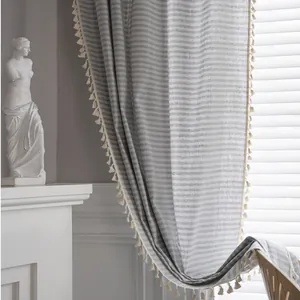 Nordic grey and white striped linen curtains with delicate fringe tassels for windows
