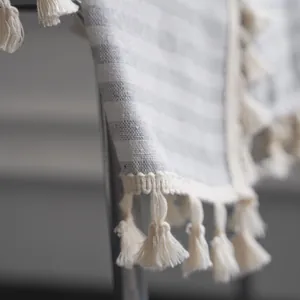 Nordic grey and white striped linen curtain with elegant off-white tassels