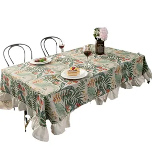 Nordic tropical plant print cotton linen rectangular tablecloth with ruffled edges