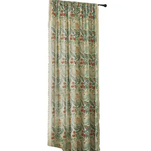 Linen blend curtain with tropical palm leaves, red flowers and decorative beige tassels