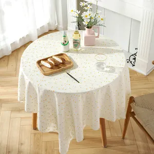 Pastel yellow daisy floral round tablecloth in cotton linen for rustic home dining
