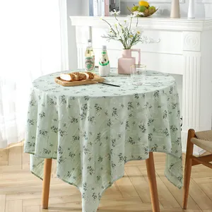 Pastel green floral embroidered round tablecloth in cotton linen for home decor