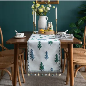 Christmas Table Runner Reindeer Forest Pine Tree Jacquard Fabric Nordic Home Decor Dining Table Cloth With Beaded Tassels