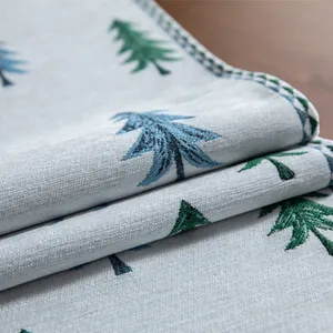 Christmas table runner with forest deer and tree jacquard on gray-blue fabric