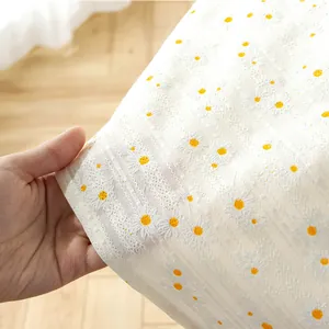 French floral cotton linen tablecloth with yellow daisy embroidery and lace details