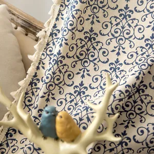 Bohemian retro blue damask print cotton linen curtain with beige fringe tassels