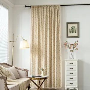 Rustic floral cotton linen curtain with white lace edges and semi-shading effect