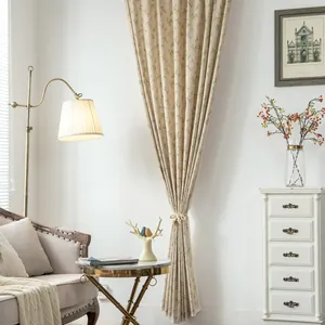 Floral cotton linen curtains with lace trim in a cozy rustic style living room setting