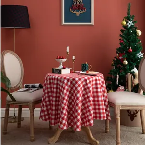 Christmas Red White Checkered Round Tablecloth Cotton Linen Gingham Table Cover For Dining Party Home Kitchen Decoration