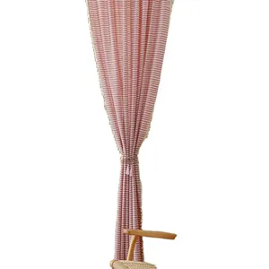 Vorhänge im japanischen Stil mit rosa Streifen aus Baumwollleinen und Quasten-Raffhaltern