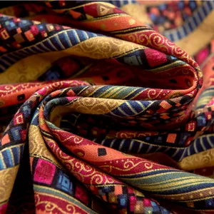 Close-up of bohemian cotton linen fabric featuring gold stripes and colorful tassels