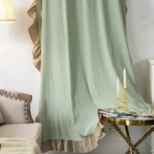 Elegante Vorhänge in Minzgrün und Khaki mit Rüschen aus hochwertigem Leinen für Wohnzimmer