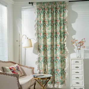 Pastoral style curtain with green tropical palm leaf print and elegant ruffled edges