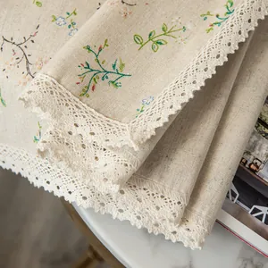 Nappe style pastoral américain en coton et lin avec motif floral et bordure en dentelle