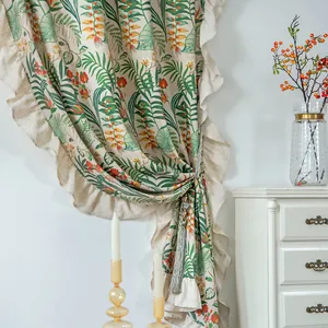 Tropical green plant print curtains with elegant ruffled edges and grey silk tassels