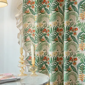 Tropical green palm leaf curtains with elegant ruffled edges for home bedroom decor