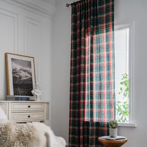 Classic plaid semi-sheer curtain with red, green, and beige weave in retro style