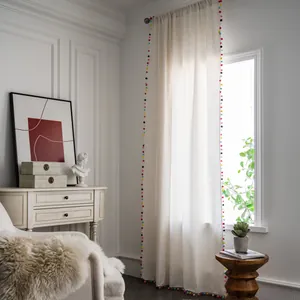 Cortina Terminada de Lino de Algodón Nórdico Cortinaje de Ventana Semi-Sombreado Con Pompones de Colores Borlas Negras Borde de Encaje Para Dormitorio Sala de Estar Decoración Hogar
