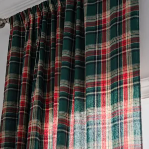 Retro Morandi plaid curtain with green and red grid pattern in linen texture finish