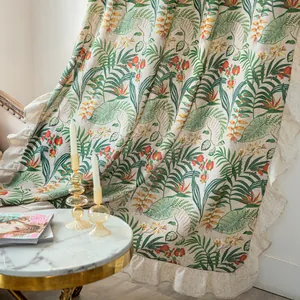 Tropical leaf print curtains with ruffles in natural beige linen for bedroom decor