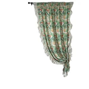 Tropical green palm leaf curtains with elegant ruffle trim and rod pocket header