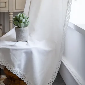 Cortina blanca minimalista de algodón y lino con encaje de ganchillo para el dormitorio