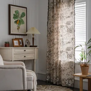 Rustic linen cotton curtain with peony flower print and black tassel trim for windows