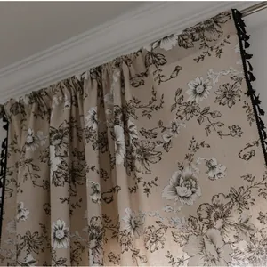 Country style cotton linen floral curtain with black daisy prints and tassel trim