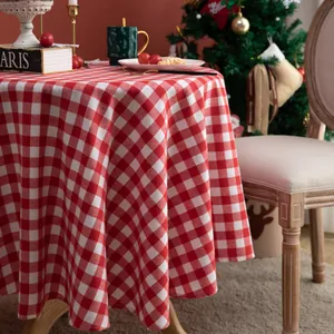 Classic red and white checkered round tablecloth for festive Christmas dining room decor