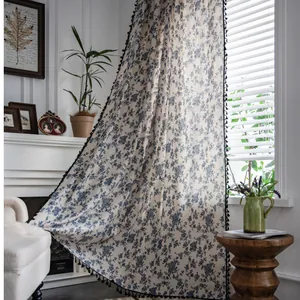 Blue floral cotton linen curtain with black tassels for a vintage country style home