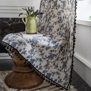 American farmhouse cotton linen curtain with blue floral print and black tassel trim