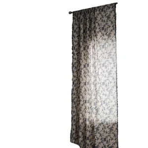 Cortina de algodón y lino con flores y pompones para ventanas o muebles de cocina
