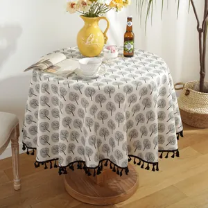 Round cotton linen tablecloth with black tree patterns and stylish fringe tassels