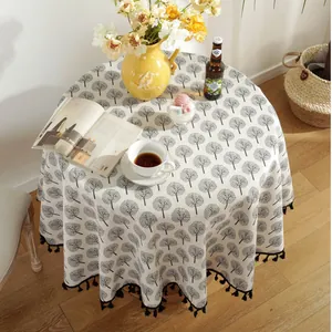 Round cotton linen tablecloth with black tree patterns and fringe tassels for home decor