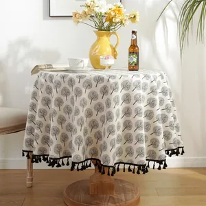 Round cotton linen tablecloth with black tree patterns and stylish fringe tassels