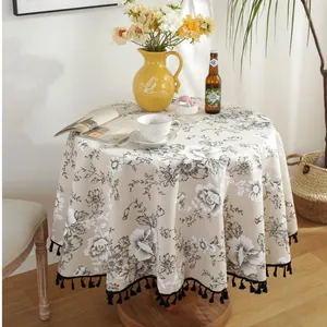 European vintage cotton linen round tablecloth with floral pattern and black tassels