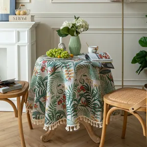Tovaglia Rotonda Vintage Stampa Foglie Tropicali Botaniche in Misto Cotone e Lino Con Nappine per Cucina Casa Sala da Pranzo