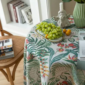 Tovaglia vintage in lino stile europeo con stampa di piante tropicali e fiori verdi