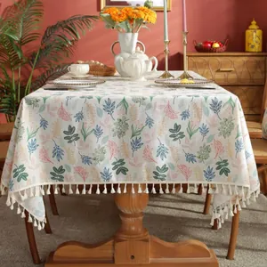 Pastel leaf print polyester linen tablecloth with fringe edges for rustic home dining