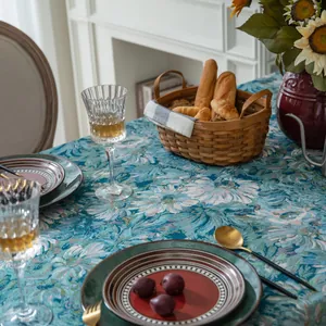 Vintage Amerikaanse bloemen jacquard tafelkleed in blauw met dikke olieverfschilderij textuur