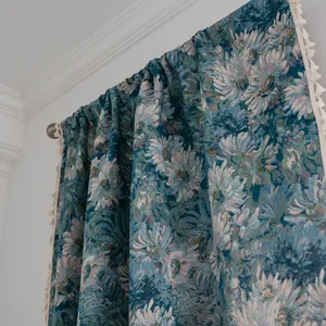Blue and white floral jacquard curtain with elegant white tassel edges for windows