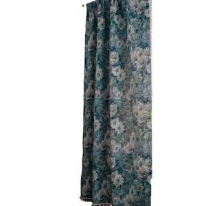 Teal jacquard curtain featuring white daisy patterns and elegant bottom fringe tassels