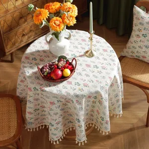 Tovaglia rotonda retrò con stampa floreale di acero e bordi con nappine per sala da pranzo