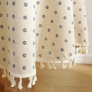 Nordic beige tablecloth with blue floral print and fringe tassels for round dining table