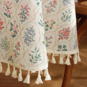 Tovaglia vintage floreale con motivo a piante verdi e bordo con nappe avorio
