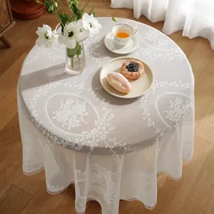 Elegant white lace round tablecloth with French Rococo floral patterns and scalloped edges