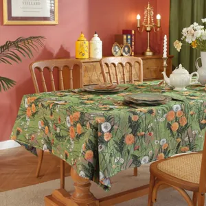 Franse retro tafelkleed met groene bloemen jacquard en oranje paardenbloem patronen