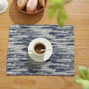 Rectangular blue gradient cotton linen placemat with abstract tie-dye woven texture